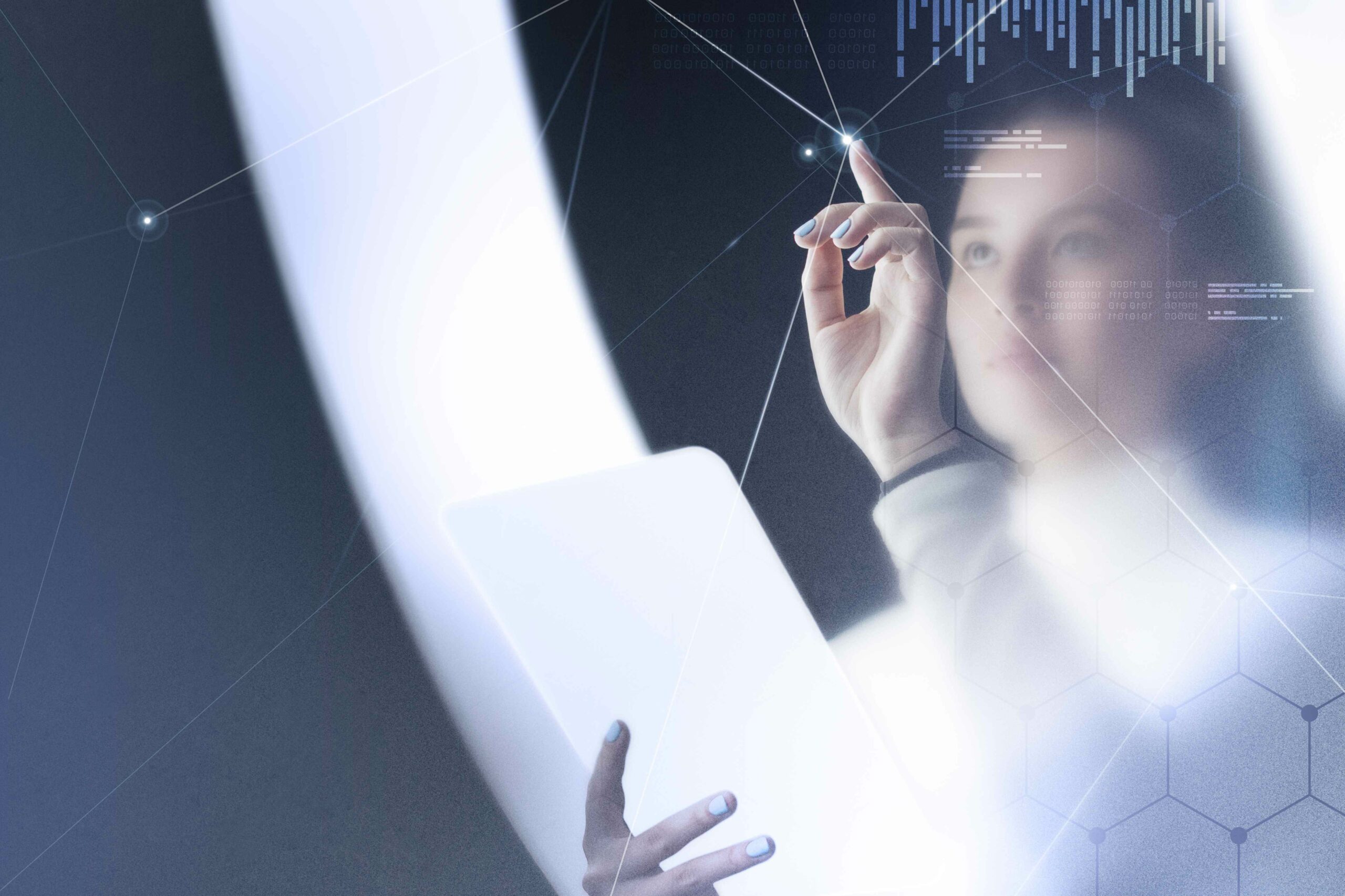 Futuristic networking technology remix with woman using virtual